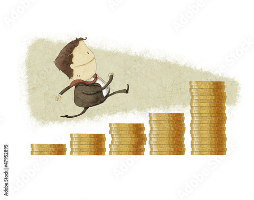 Illustration: Businessman run in a bar graph Coin Businessman run in a bar graph Coin