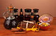 ingredients for soap making on brown background