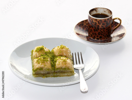 Photo: Baklava with pistachios and a cup of Turkish Coffee Baklava with pistachios and a cup of Turkish Coffee