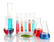 Test-tubes and green leaf tested in petri dish, isolated