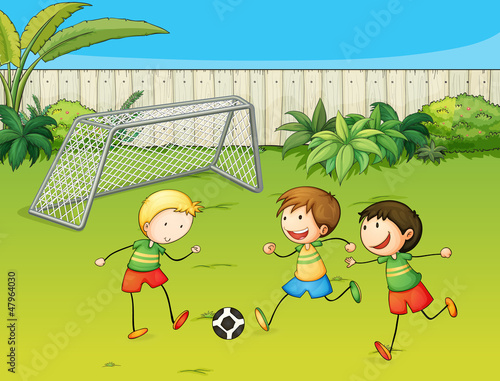 Vector: Kids playing football on football ground Kids playing football on football ground