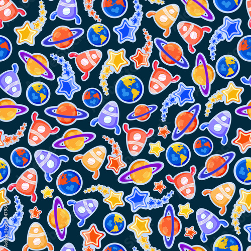 Vector: Space Ship and Planet Seamless Cartoon Pattern Space Ship and Planet Seamless Cartoon Pattern