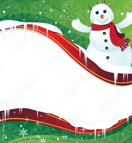Vector: Winter background with a happy snowman in red scarf Winter background with a happy snowman in red scarf