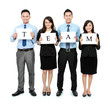 business team holding small blank paper