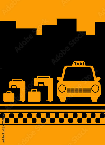 Vector: cab urban yellow background with bag, city and taxi symbol cab urban yellow background with bag, city and taxi symbol