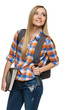 Smiling university student standing with backpack holding folder