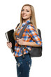 Smiling university student woman standing with backpack