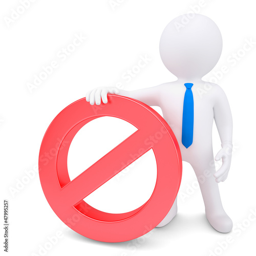 Illustration: White 3d man with red prohibitory sign White 3d man with red prohibitory sign