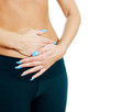 Woman suffering from stomach ache. Isolated on white.