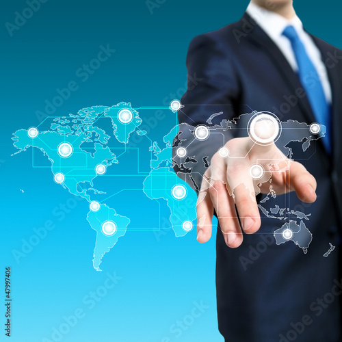 Photo: Businessman pressing social media icon Businessman pressing social media icon