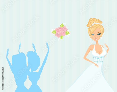 Illustration: Young bride throwing wedding bouquet to bridesmaids Young bride throwing wedding bouquet to bridesmaids