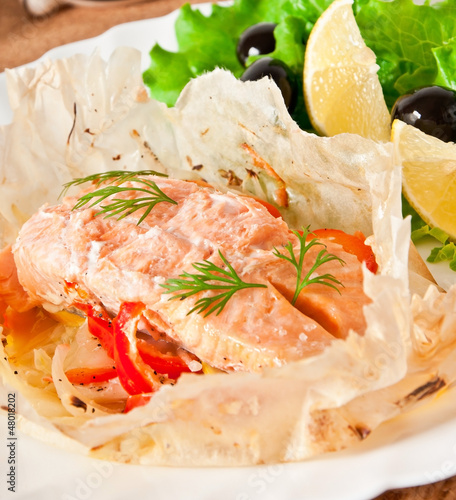 Photo: Baked salmon with vegetables in an envelope Baked salmon with vegetables in an envelope