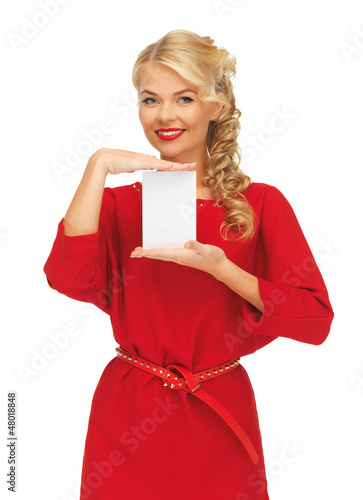 Photo: lovely woman in red dress with note card lovely woman in red dress with note card