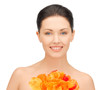woman with red flowers