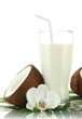 Coconuts with glass of milk, isolated on white