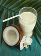 Coconut with glass of milk,  on blue wooden background