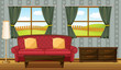 A red sofa and side table