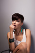 Attractive Modern Woman with Bob Hairstyle Daydreaming
