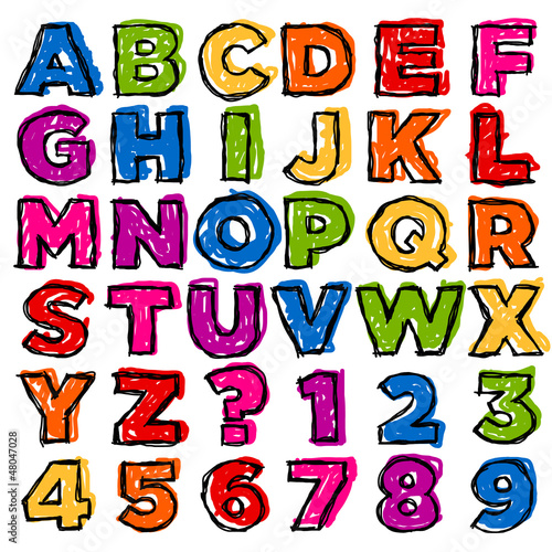 Vector: Colorful Doodle Alphabet and Numbers Colorful Doodle Alphabet and Numbers
