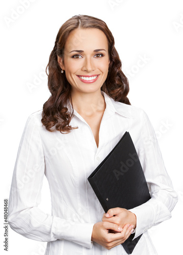 Photo: Smiling businesswoman with black folder, on white Smiling businesswoman with black folder, on white