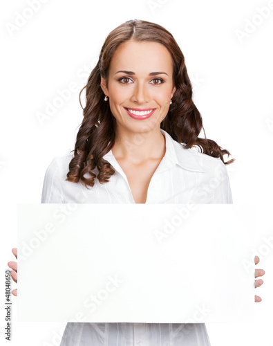 Photo: Businesswoman showing blank signboard, isolated Businesswoman showing blank signboard, isolated