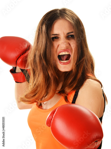 Photo: Portrait of young woman with red boxing gloves Portrait of young woman with red boxing gloves