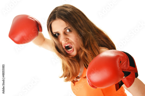 Photo: Portrait of young woman with red boxing gloves Portrait of young woman with red boxing gloves