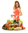 Young woman with variety of grocery products