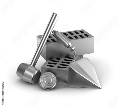 Illustration: Building tools: hammer, tape measure, trowel and bricks Building tools: hammer, tape measure, trowel and bricks