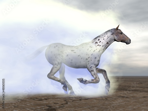 Illustration: Horse galloping in the clouds - 3D render Horse galloping in the clouds - 3D render