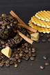 coffee beans, cup, Pots, cinnamon on dark background