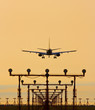 Airplane landing in sunset