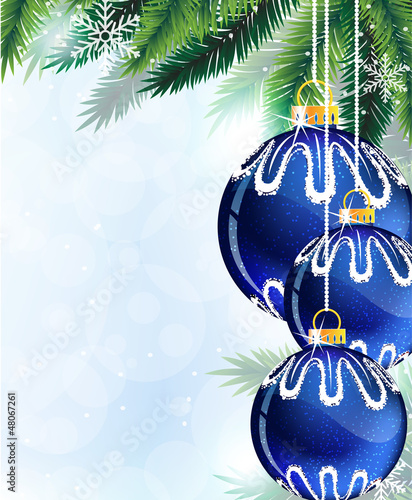 Vector: Blue Christmas tree balls and pine branches Blue Christmas tree balls and pine branches