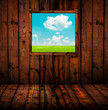 Landscape through window of wooden cottage
