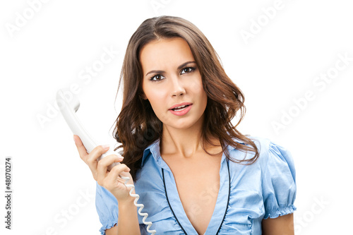 Photo: Young woman with phone, on white Young woman with phone, on white