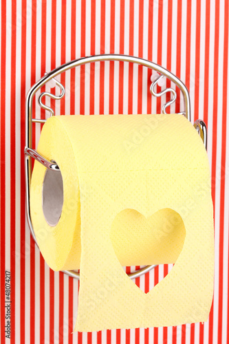 Photo: Roll of toilet paper on holder fixed to pinstriped wall Roll of toilet paper on holder fixed to pinstriped wall
