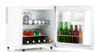 Mini fridge full of bottles of alcoholic beverages isolated