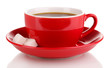 A red cup of strong coffee isolated on white