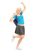 Excited female student with raised hands