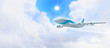 White passenger plane in the blue sky