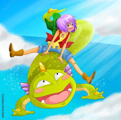 Illustration: manga illustration of a person riding a dragon manga illustration of a person riding a dragon