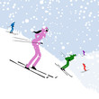 People skiing, winter mountain landscape for your design
