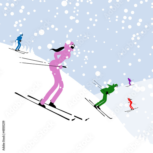 Vector: People skiing, winter mountain landscape for your design People skiing, winter mountain landscape for your design