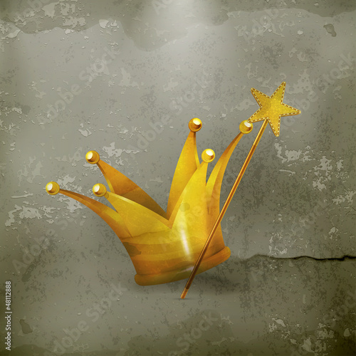 Vector: Magic wand and crown, old-style Magic wand and crown, old-style
