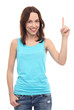 Young woman pointing up
