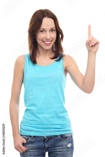 Photo: Young woman pointing up Young woman pointing up