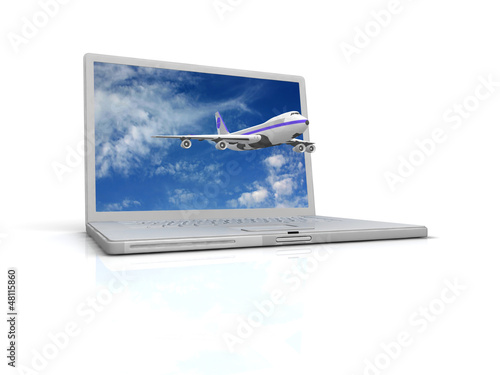 Illustration: Professional Laptop and flying jet airplane Professional Laptop and flying jet airplane