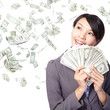 woman smile happy with handful of money