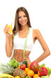 beautiful young woman with fruits and vegetables and glass of