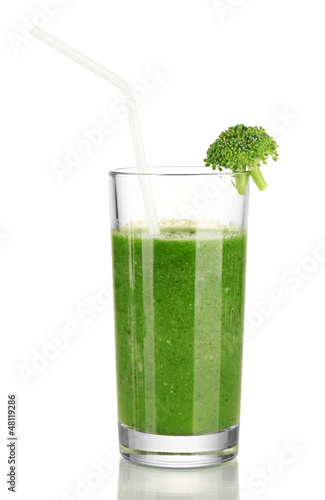 Photo: Green vegetable juice in glass isolated on white Green vegetable juice in glass isolated on white
